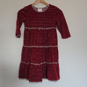 Hanna Anderson Red And Silver Stripe Long Sleeves Tiered Girl Dress Size 130/8
